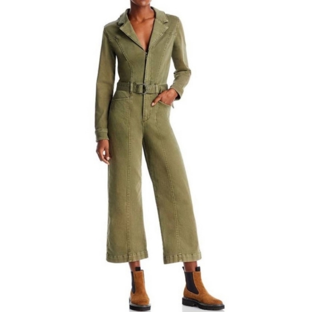 JasonWu Army Green Utility Cargo Wide Leg High Rise Belted Cotton Jumpsuits Sz S - Picture 2 of 16